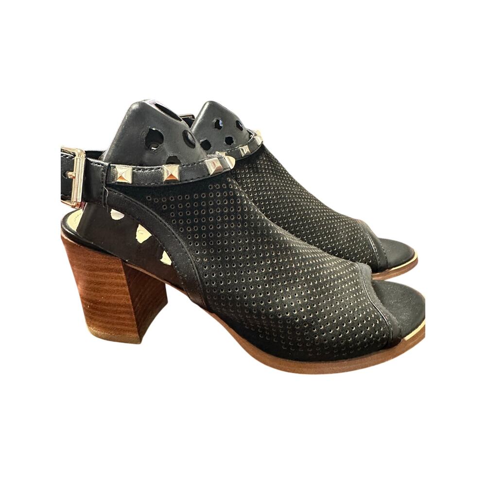 MARC FISHER Black Suede Perforated Healed Block Open Toe Sandal Heel size 5
